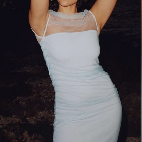 🟠NWT EN ELLY by ANTHROPOLOGIE Mesh Slim Midi Dress in Light Blue XL - Picture 4 of 6